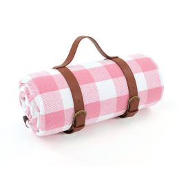 150*200cm Picnic Camping Bay Play Mat Plaid Blanket Moisture-proof Outdoor Picnic Mattress Beach Mat Cushion with Leather Strap (Color: pink)